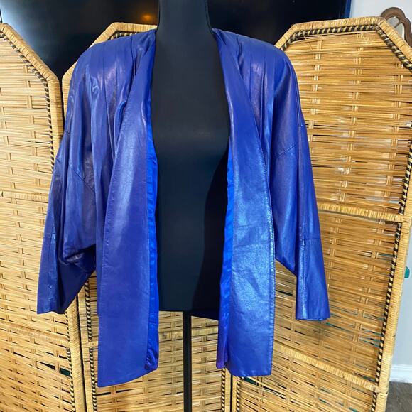 Vintage Ruth Wagner Genuine Leather Jacket Blue Kimono Dolman Sleeve M/L USA - Picture 9 of 11
